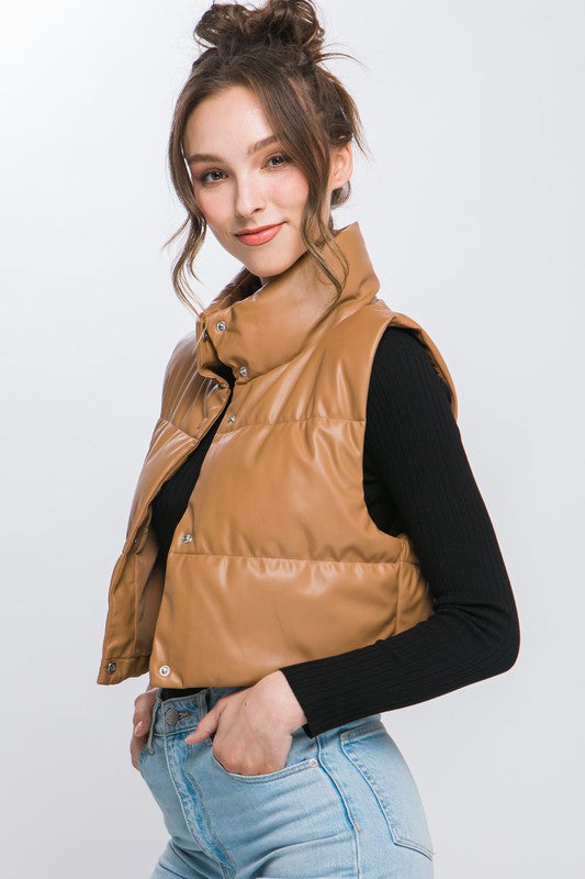 PU Faux Leather puffer West With Snap Button by Love Tree | Fleurcouture