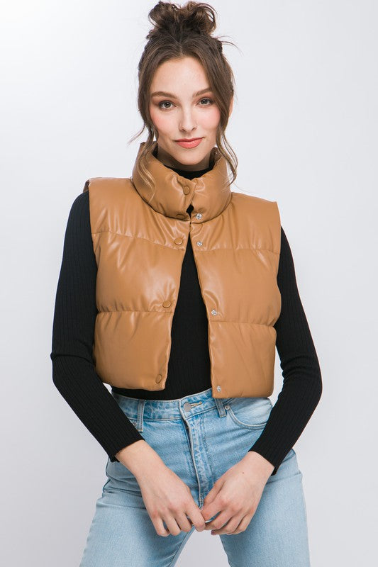 PU Faux Leather puffer West With Snap Button by Love Tree | Fleurcouture