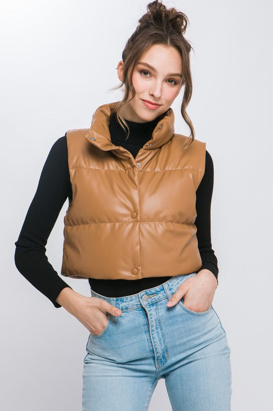 PU Faux Leather puffer West With Snap Button by Love Tree | Fleurcouture