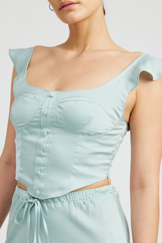 PUFF SLEEVE BUSTIER TOP LT SEAGREEN by Emory Park | Fleurcouture