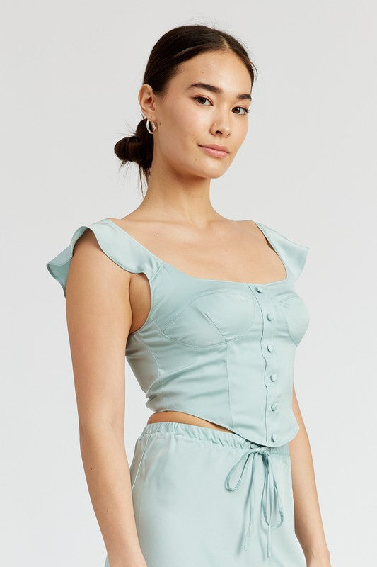 PUFF SLEEVE BUSTIER TOP LT SEAGREEN by Emory Park | Fleurcouture