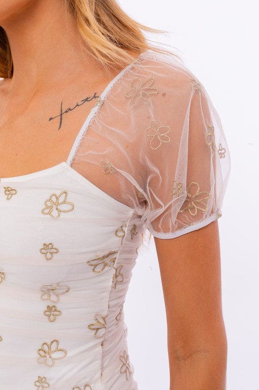 Puff Sleeve Embroidered Mesh Bodysuit CREAM-GOLD FLORAL S by LE LIS | Fleurcouture