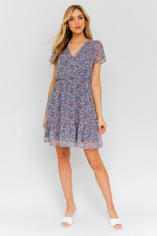 Puff Sleeve Faux Wrap Mini Dress With Ruffle DENIM-MULTI DITSY by Gilli | Fleurcouture