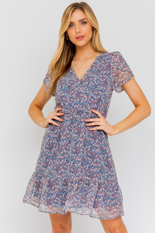 Puff Sleeve Faux Wrap Mini Dress With Ruffle DENIM-MULTI DITSY S by Gilli | Fleurcouture