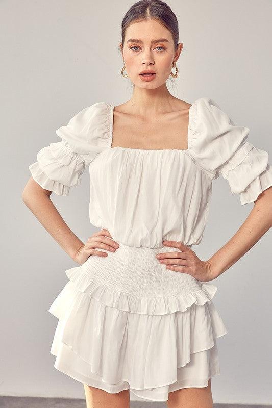 Puff Sleeve Smocked Waist Romper OFF WHITE S by Do + Be Collection | Fleurcouture