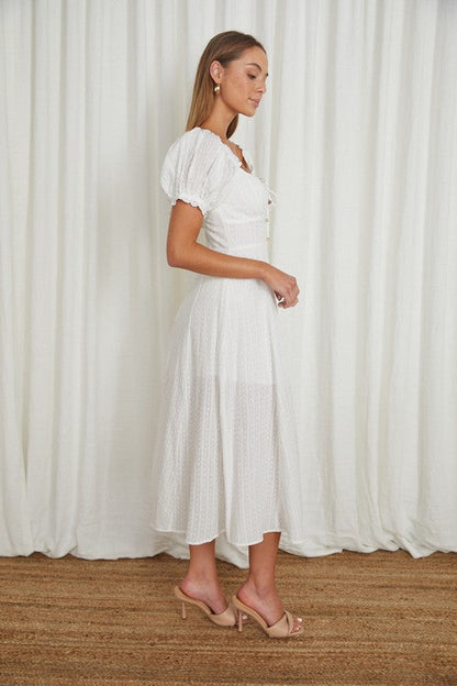 Puff Sleeved Tied Front Midi Dress WHITE by One and Only Collective Inc | Fleurcouture