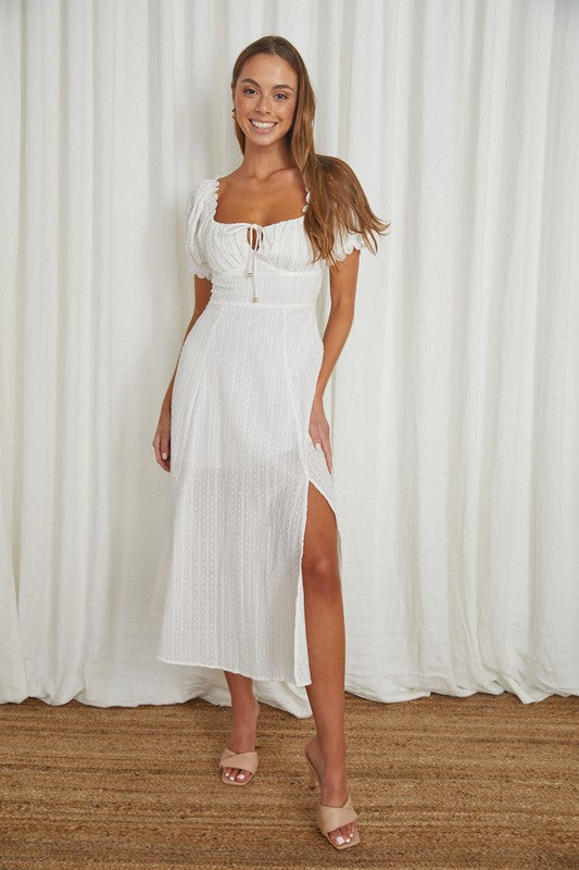 Puff Sleeved Tied Front Midi Dress WHITE by One and Only Collective Inc | Fleurcouture