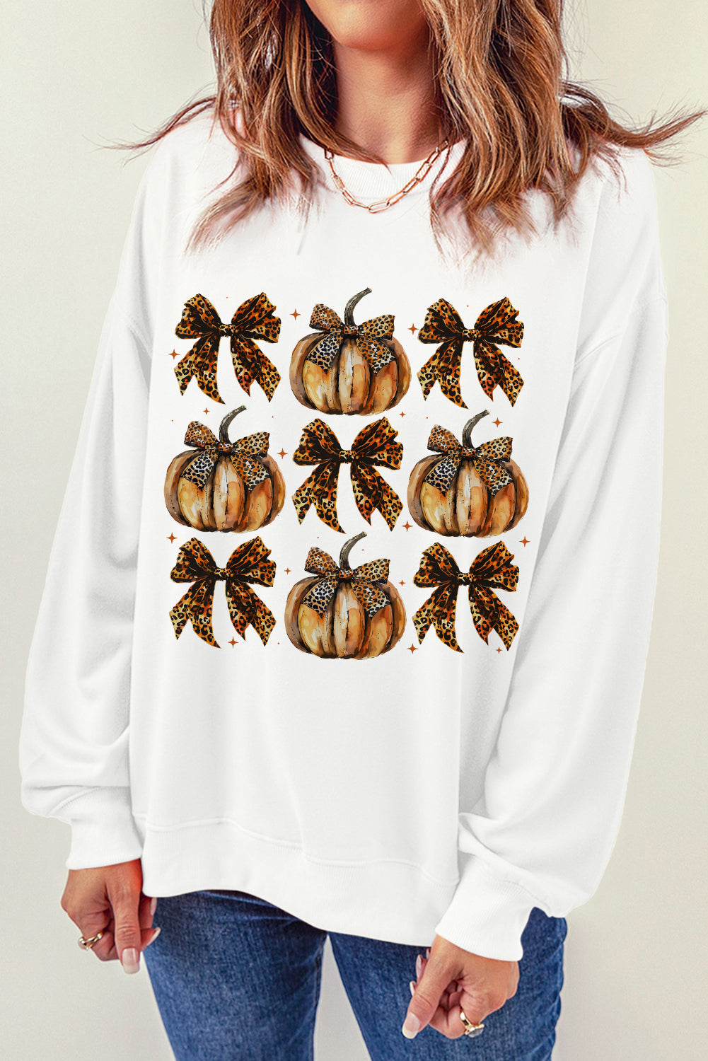 Pumpkin &amp; Bow Graphic Long Sleeve Sweatshirt White S Sweater by Trendsi | Fleurcouture