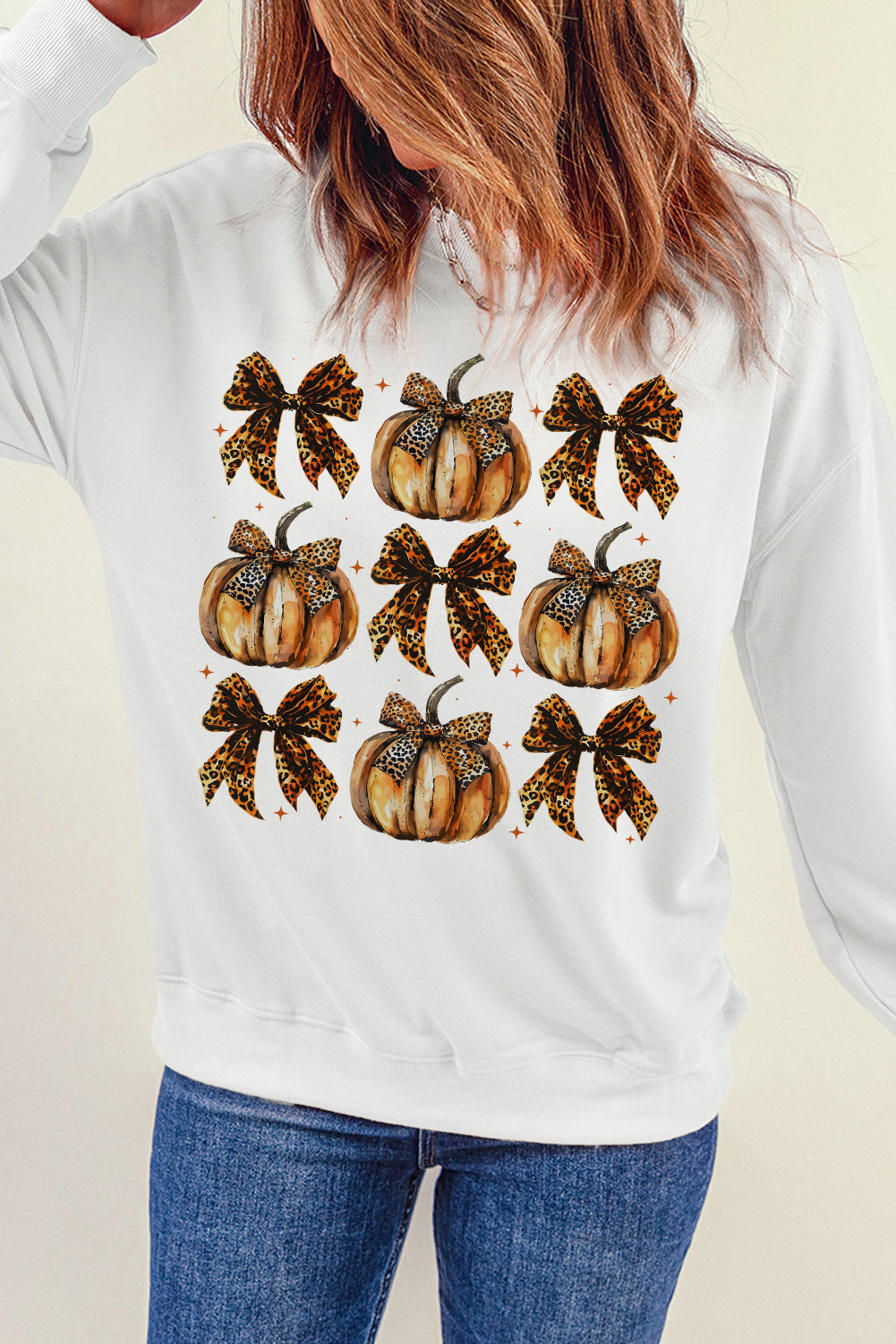 Pumpkin &amp; Bow Graphic Long Sleeve Sweatshirt White Sweater by Trendsi | Fleurcouture