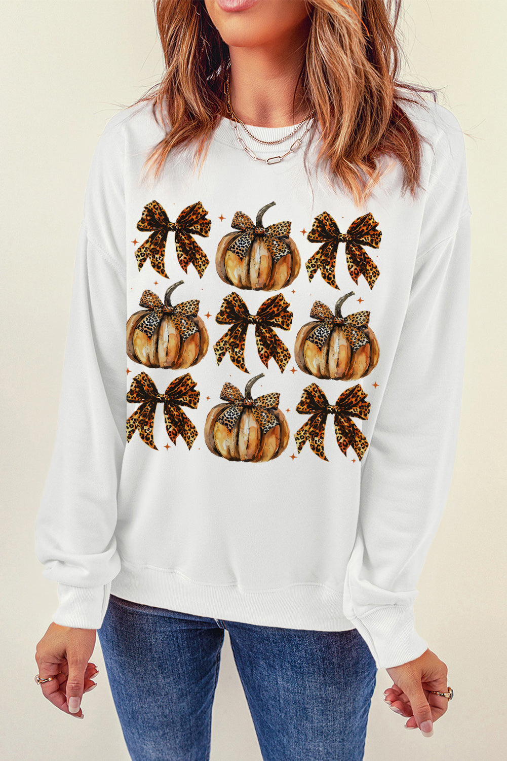 Pumpkin &amp; Bow Graphic Long Sleeve Sweatshirt White Sweater by Trendsi | Fleurcouture