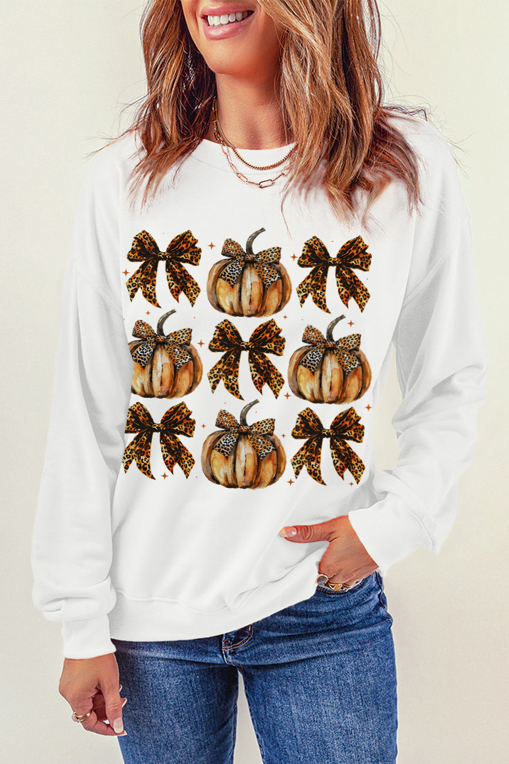 Pumpkin &amp; Bow Graphic Long Sleeve Sweatshirt White Sweater by Trendsi | Fleurcouture