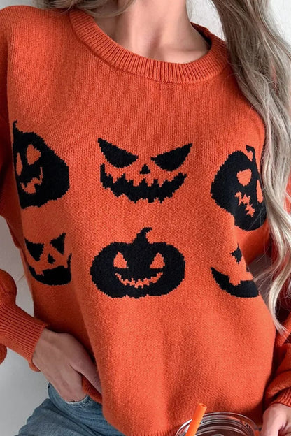 Pumpkin Pattern Round Neck Sweater Orange Sweater by Trendsi | Fleurcouture