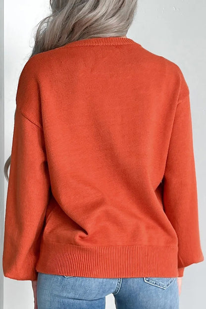 Pumpkin Pattern Round Neck Sweater Orange Sweater by Trendsi | Fleurcouture