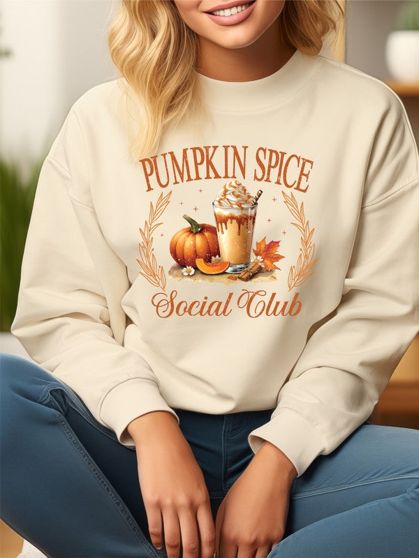 Pumpkin Spice Social Club Crew Neck Sweatshirt Sand 2X by Ocean and 7th | Fleurcouture