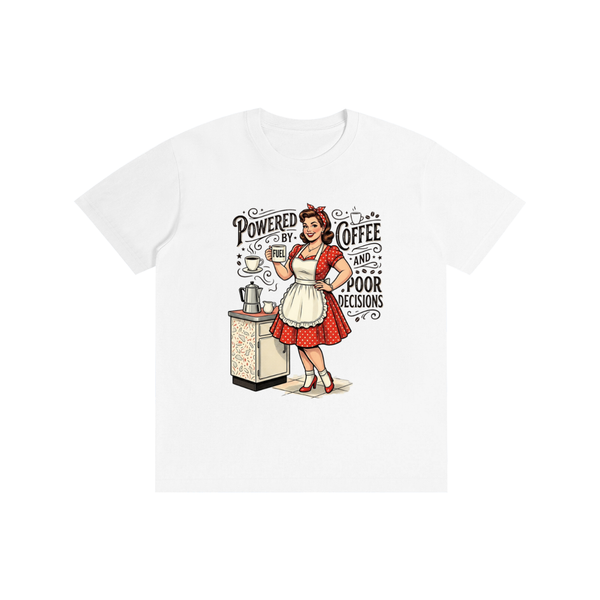 Poweredbycoffeeandbaddecisions,funny,sarcastic,retro,1950s,tee,tshirt