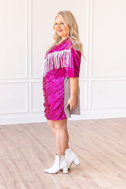 Putting On A Show Sequin Dress With Fringe Multi Ladies Dresses by Southern Grace | Fleurcouture