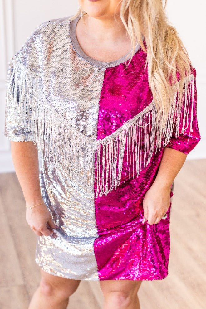 Putting On A Show Sequin Dress With Fringe Multi Ladies Dresses by Southern Grace | Fleurcouture