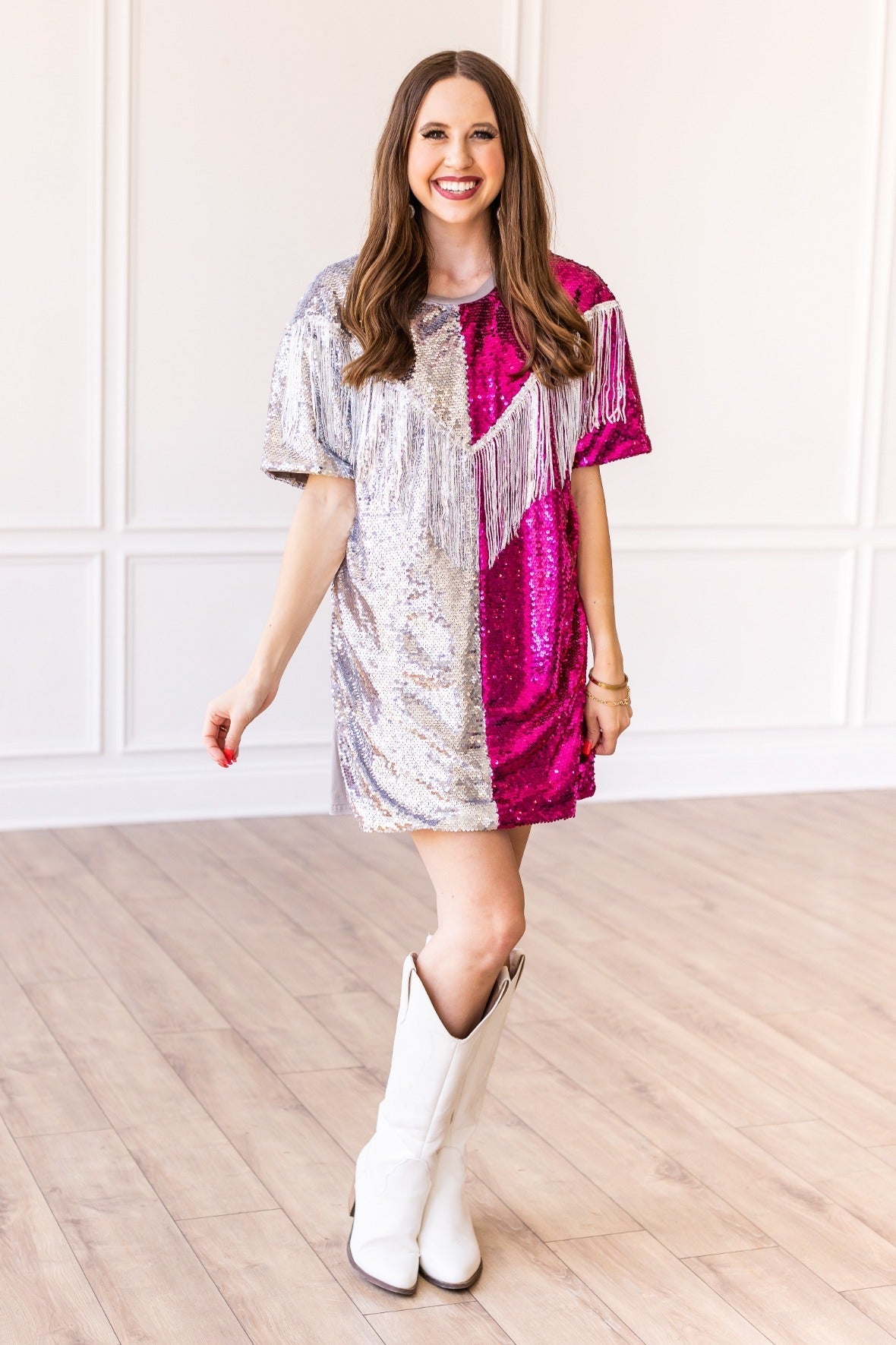 Putting On A Show Sequin Dress With Fringe Multi Ladies Dresses by Southern Grace | Fleurcouture