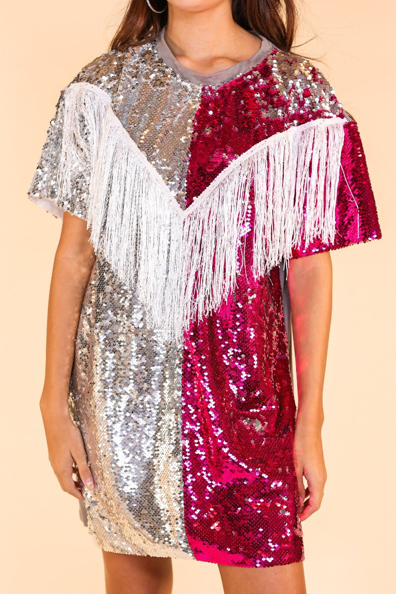 Putting On A Show Sequin Dress With Fringe Multi Ladies Dresses by Southern Grace | Fleurcouture