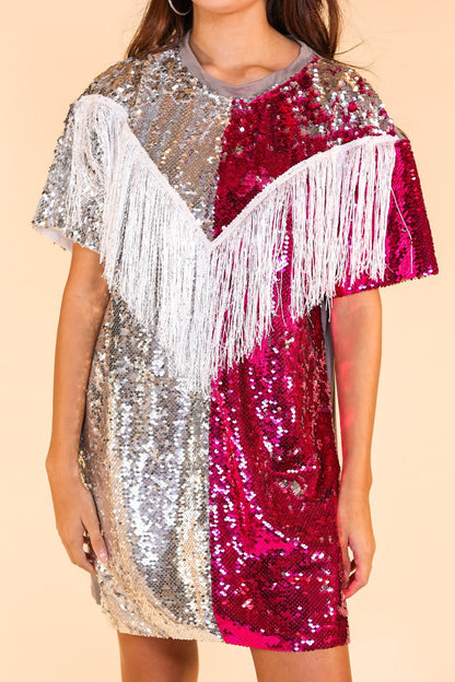 Putting On A Show Sequin Dress With Fringe Multi Ladies Dresses by Southern Grace | Fleurcouture