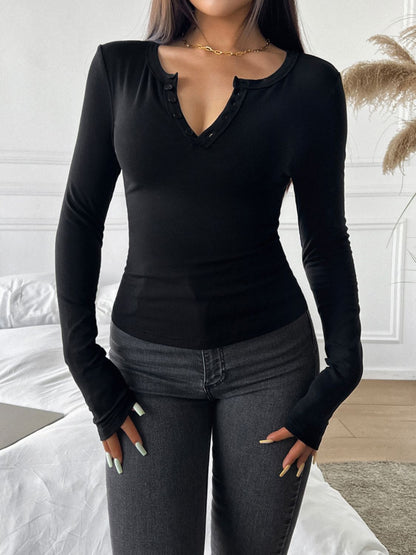 Quarter Button Long Sleeve T-Shirt Black S Women&