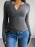 Quarter Button Long Sleeve T-Shirt Dark Gray S Women&