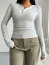 Quarter Button Long Sleeve T-Shirt Light Gray S Women&