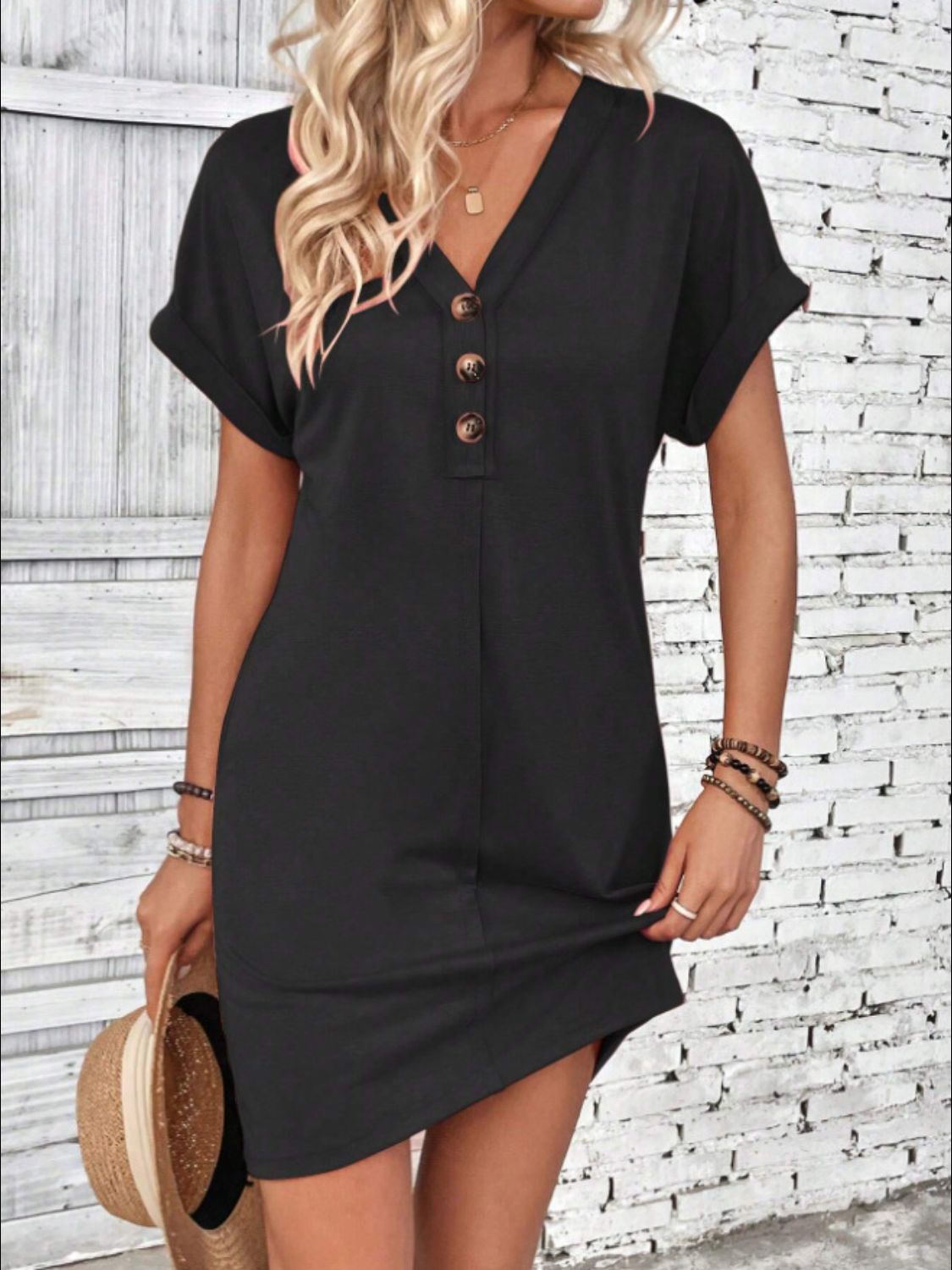 Quarter Button V-Neck Short Sleeve Dress Black S Women&