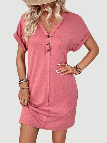 Quarter Button V-Neck Short Sleeve Dress Burnt Coral S Women&