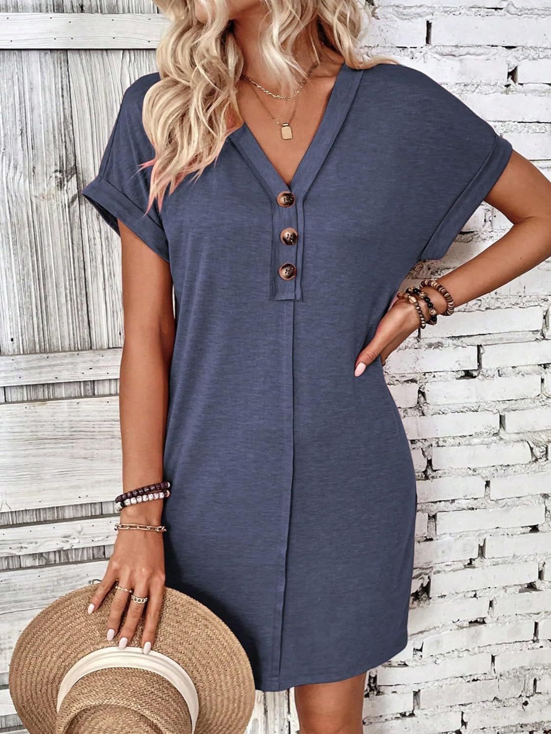 Quarter Button V-Neck Short Sleeve Dress Dark Blue S Women&