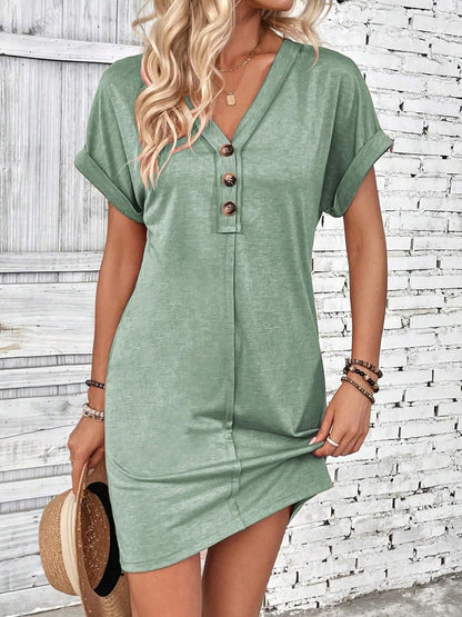 Quarter Button V-Neck Short Sleeve Dress Gum Leaf S Women&