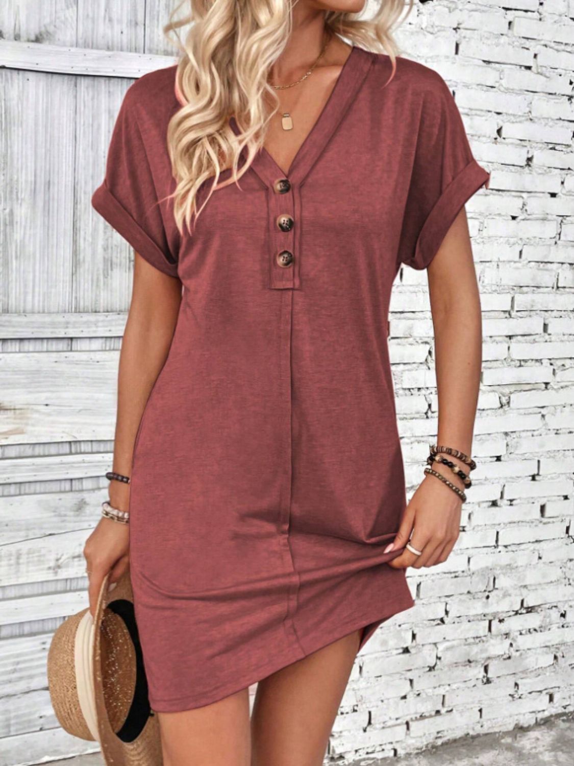 Quarter Button V-Neck Short Sleeve Dress Rust S Women&