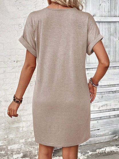 Quarter Button V-Neck Short Sleeve Dress Women&