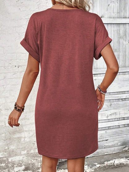 Quarter Button V-Neck Short Sleeve Dress Women&