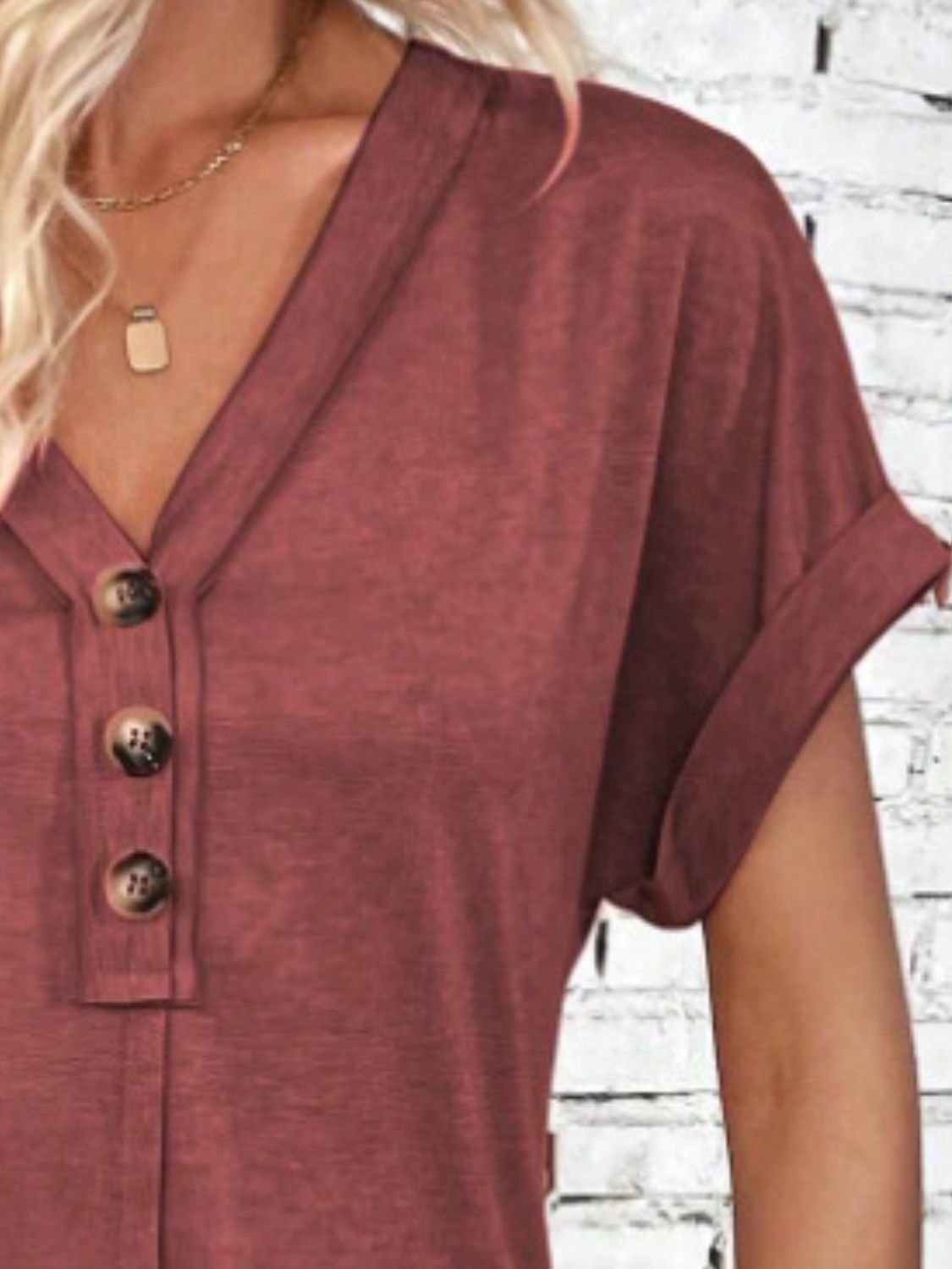 Quarter Button V-Neck Short Sleeve Dress Women&