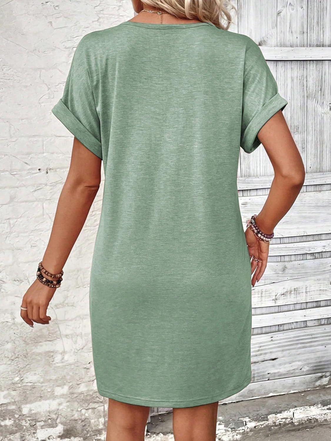 Quarter Button V-Neck Short Sleeve Dress Women&