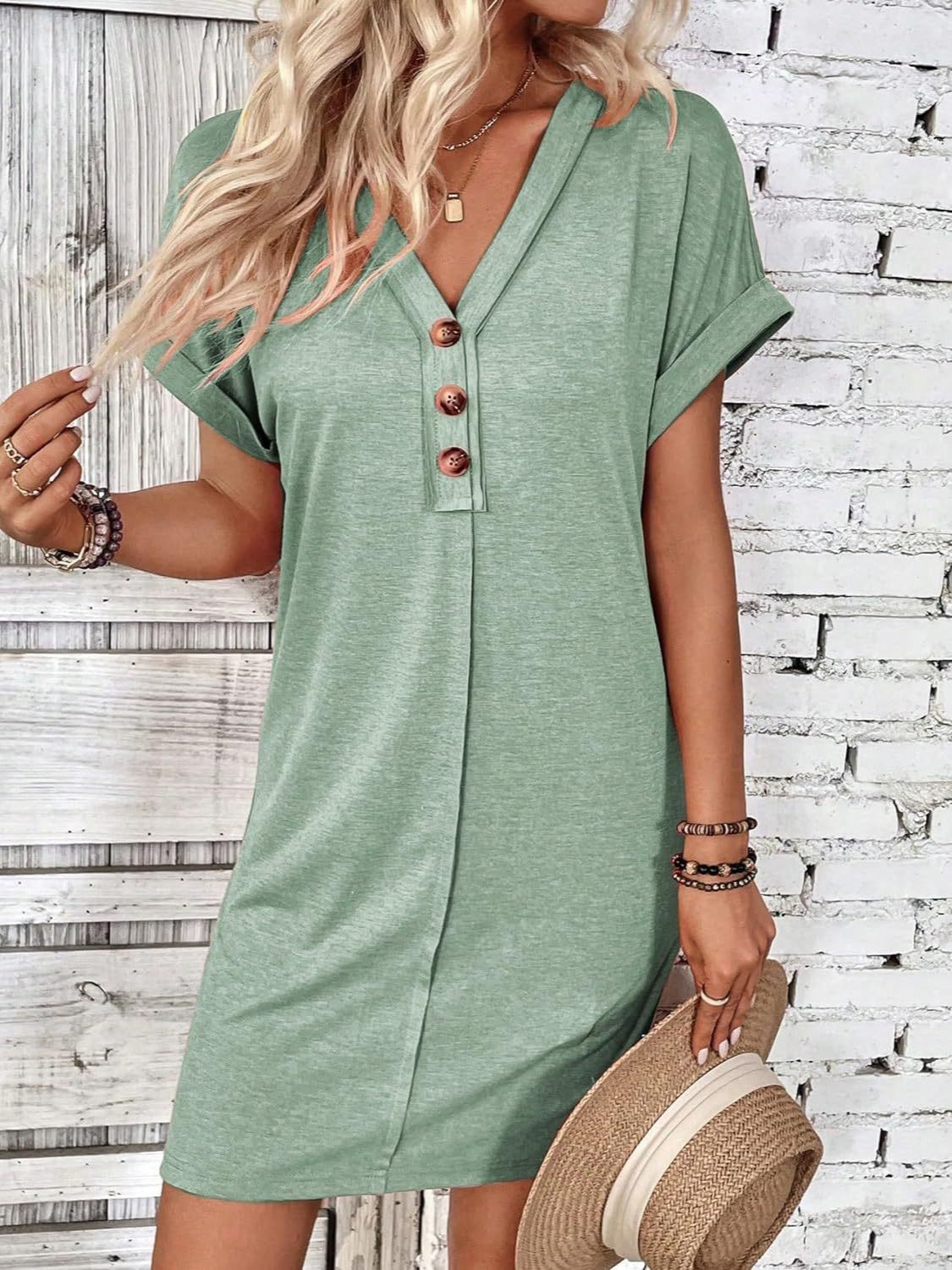 Quarter Button V-Neck Short Sleeve Dress Women&