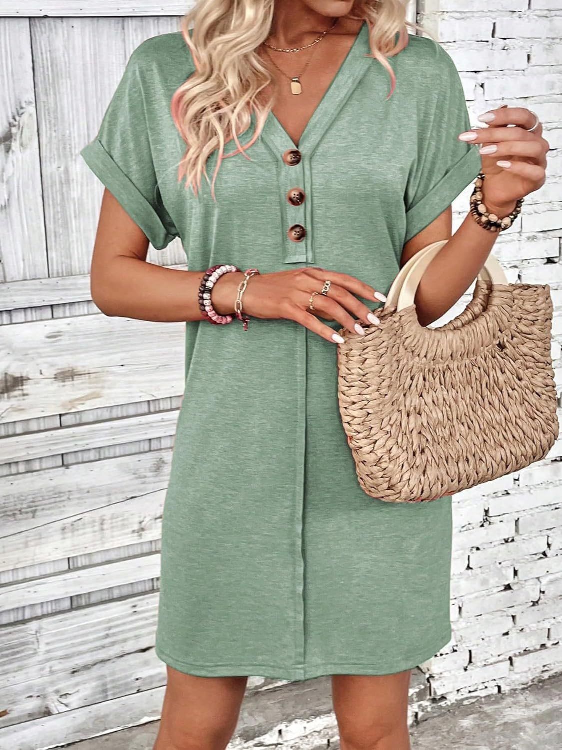 Quarter Button V-Neck Short Sleeve Dress Women&