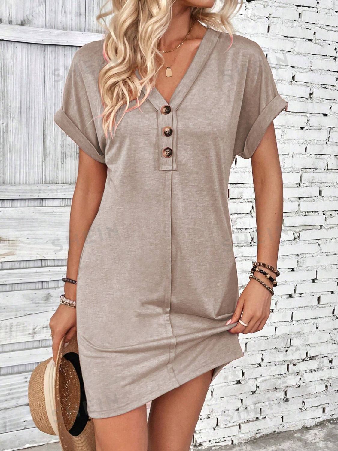 Quarter Button V-Neck Short Sleeve Dress Women&