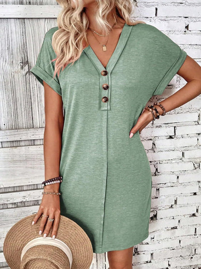 Quarter Button V-Neck Short Sleeve Dress Women&