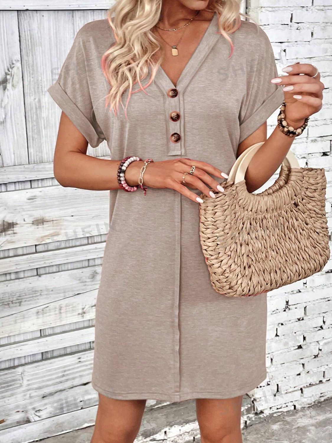 Quarter Button V-Neck Short Sleeve Dress Women&