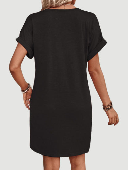 Quarter Button V-Neck Short Sleeve Dress Women&