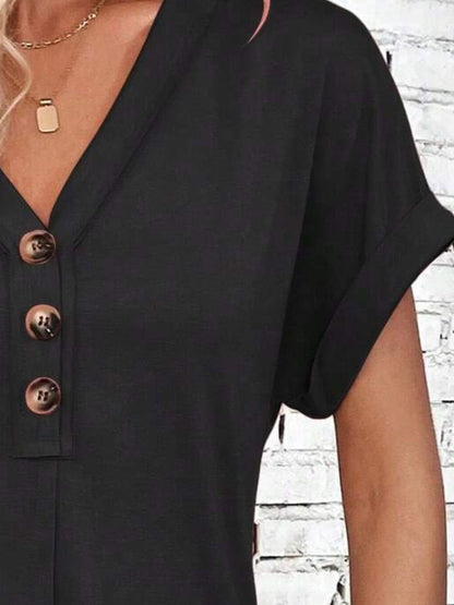 Quarter Button V-Neck Short Sleeve Dress Women&