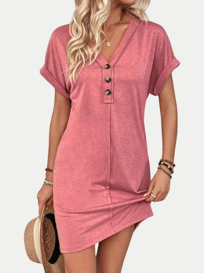 Quarter Button V-Neck Short Sleeve Dress Women&