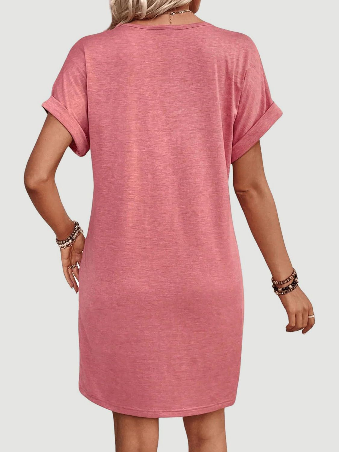 Quarter Button V-Neck Short Sleeve Dress Women&