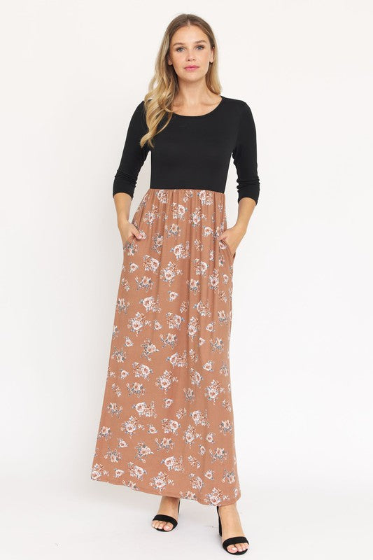 Quarter Sleeve Floral Maxi Dress Black Caramel S by EG fashion | Fleurcouture