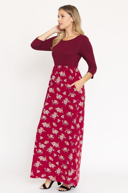 Quarter Sleeve Floral Maxi Dress burgundy 1X by EG fashion | Fleurcouture