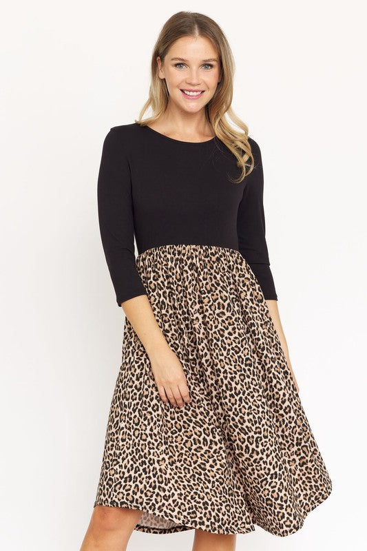 Quarter Sleeve Midi Dress Black Leopard S by EG fashion | Fleurcouture