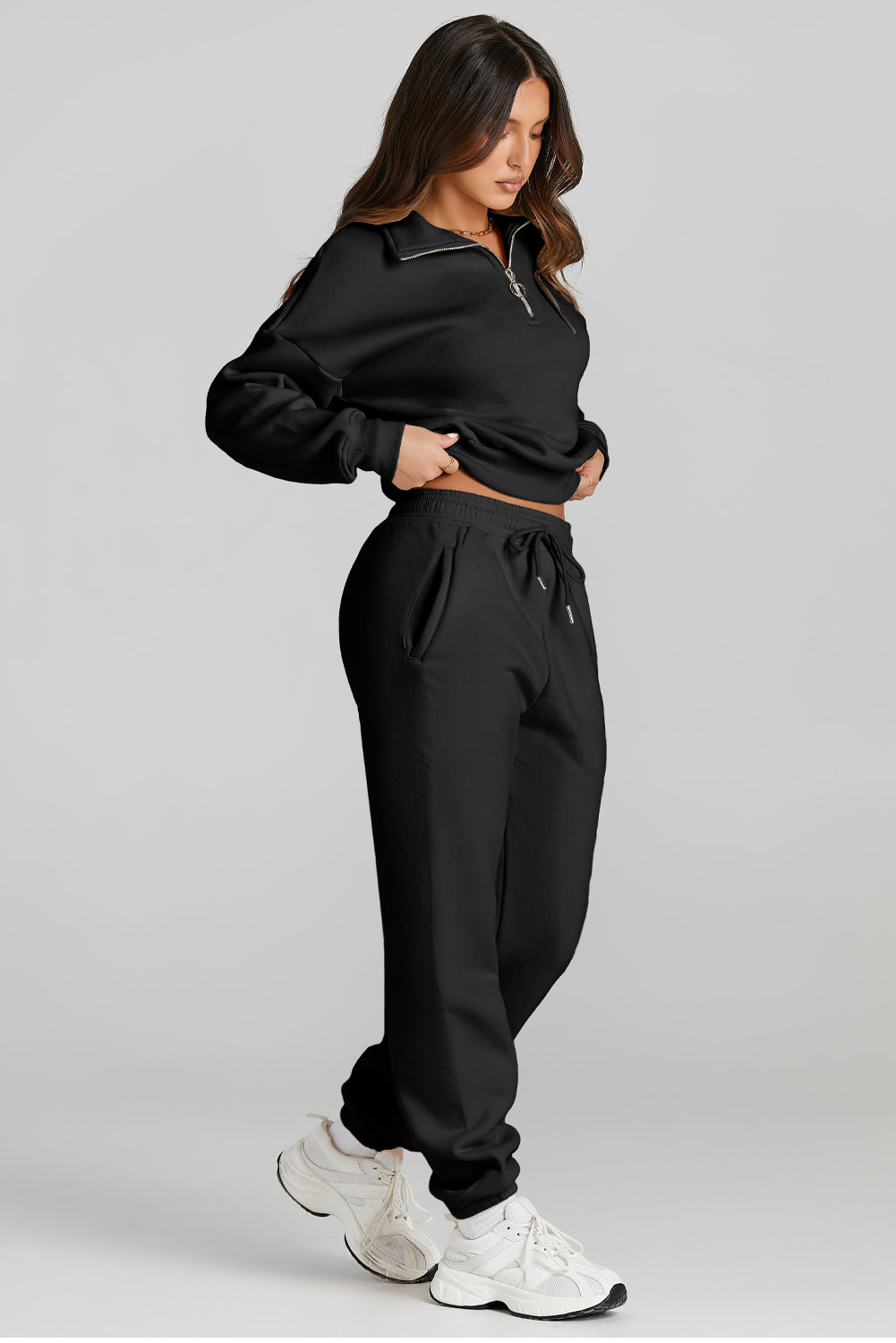 Quarter Zip Top and Drawstring Pants Active Set Black S Activewear by Trendsi | Fleurcouture