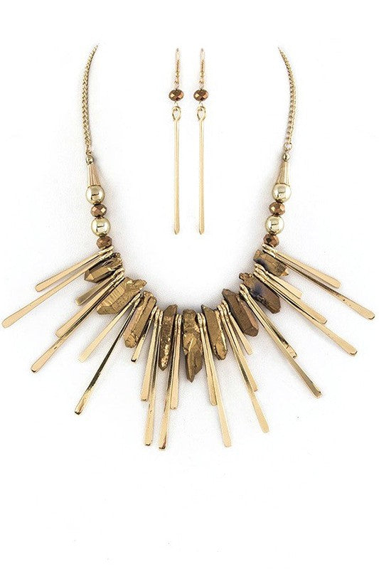 Quartz Metal Bar Statement Necklace Set Silver/White O/S by LA Jewelry Plaza | Fleurcouture